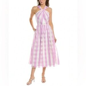 New Kate Spade White & Lilac Twist Front Gingham Organza Midi Dress. NWOT
